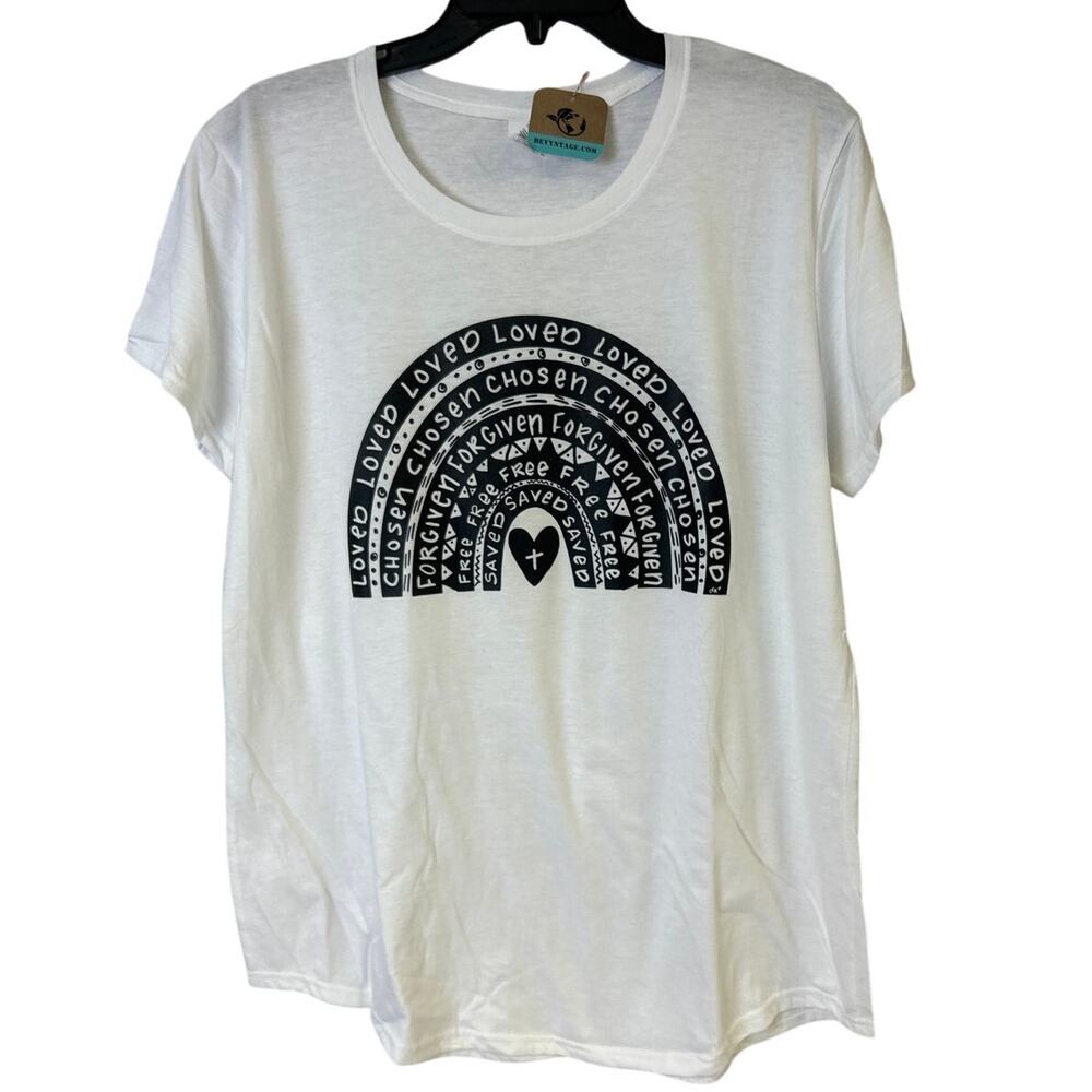 New Hand Printed Womens XL Jesus Loved Chosen Forgiven Free Rainbow Tee Shirt